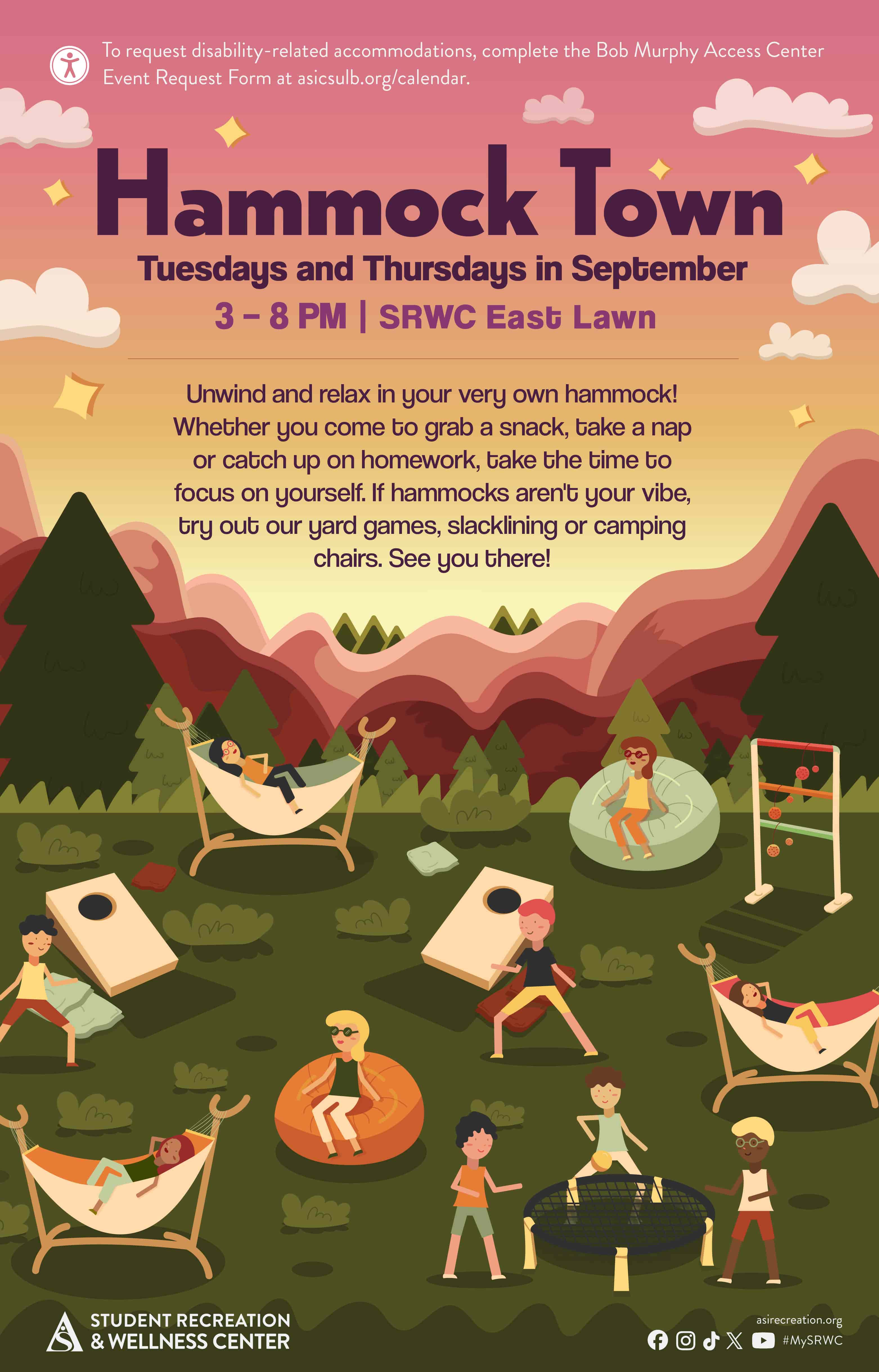 Hammock TownTuesdays and Thursdays in September3 to 8 p.m.SRWC East Lawn