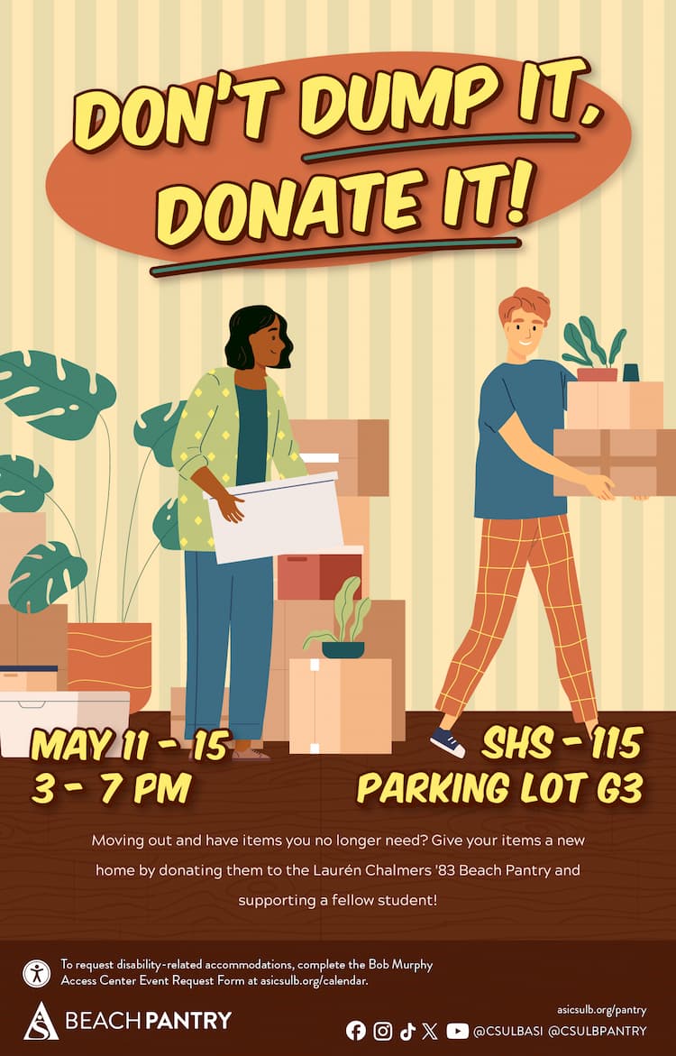 Don't Dump It, Donate It! May 11 - 15 3 to 7 p.m. Parking Lot G3 Flier